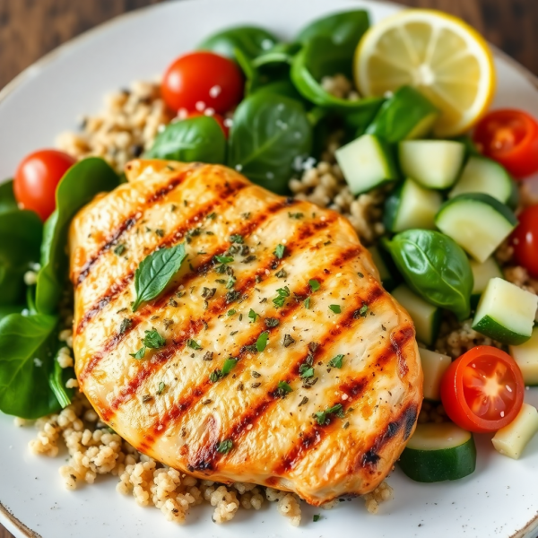 Herb-Grilled Chicken Breast with Quinoa and Spinach Salad