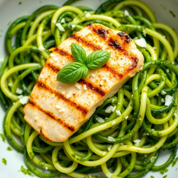 Zucchini Noodles with Pesto and Grilled Chicken