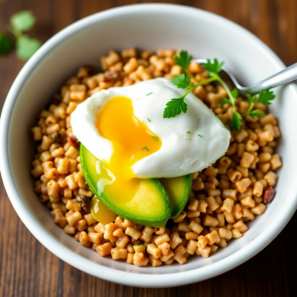 Savory Cereal Bowl with Avocado and Poached Egg