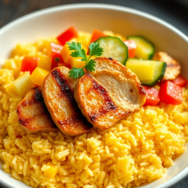 Saffron Infused Rice Bowl with Grilled Chicken