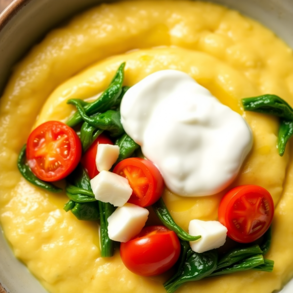 Creamy Polenta with Garlic Turnip Greens and Mozzarella