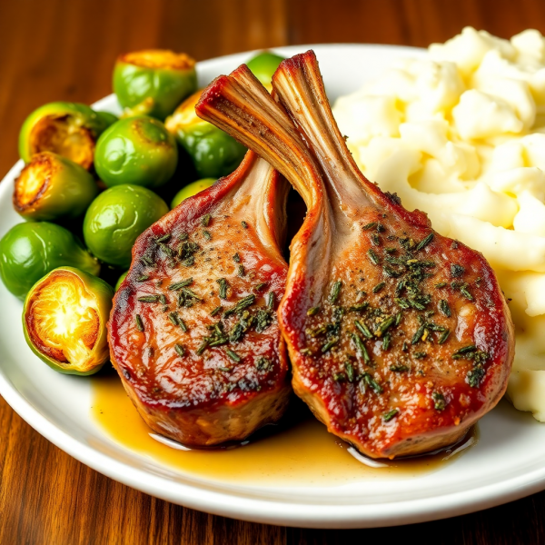 Herb-Crusted Lamb Chops with Roasted Brussels Sprouts and Garlic Mashed Potatoes