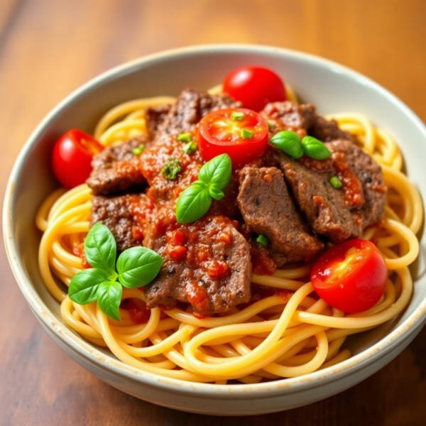 Ginger Beef Pasta with Tomato-Wine Sauce