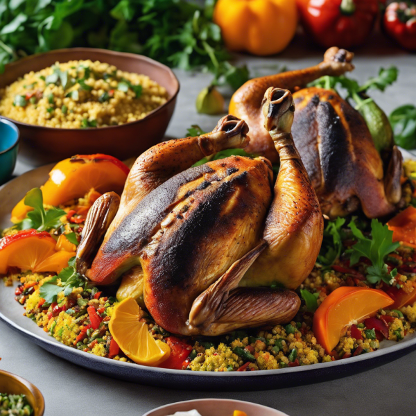 Moroccan-Spiced Whole Quails with Couscous, Roasted Vegetables, and Harissa Yogurt