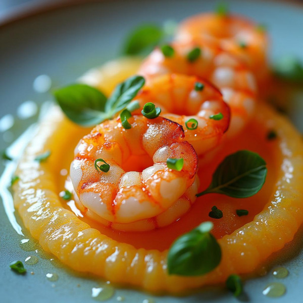 Shrimp with Citrus Foam and Basil Pearls