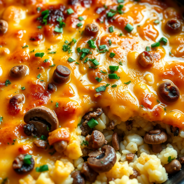 Cheesy Mushroom and Beef Rice Bake