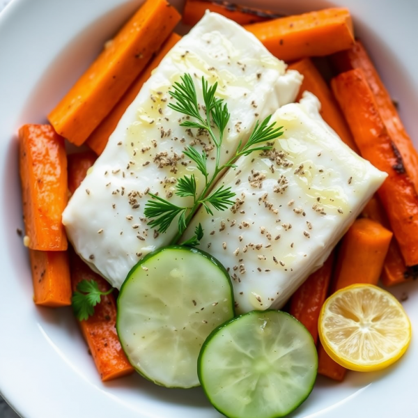 Keto Dutch Fish with Roasted Carrots and Cucumber Salad