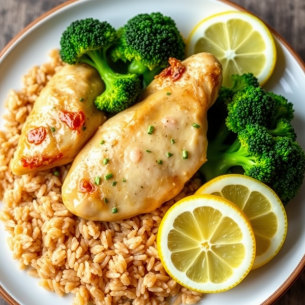 Lemon Garlic Chicken with Broccoli and Whole Grain Rice