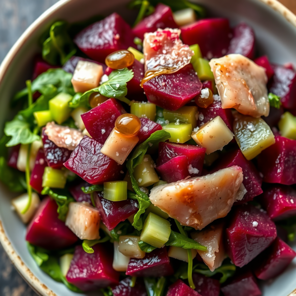 Fermented Cod Salad with Beetroot and Spinach