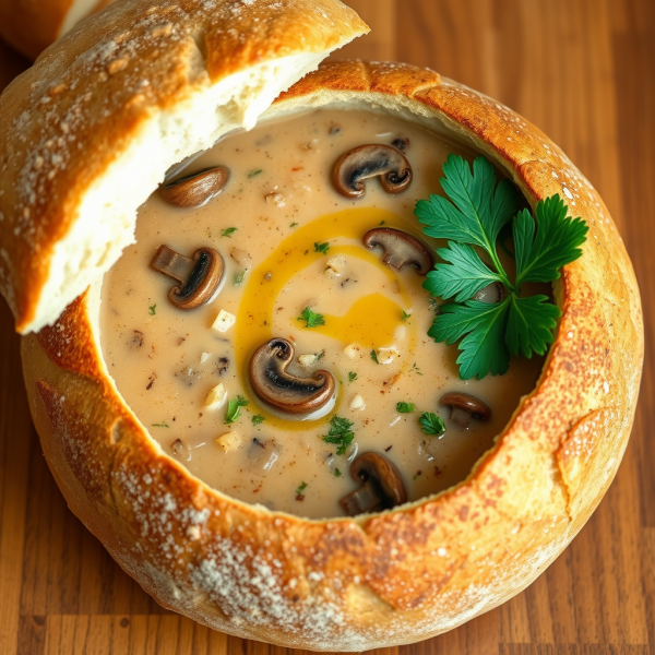 Savory Bread Bowl with Creamy Mushroom Soup