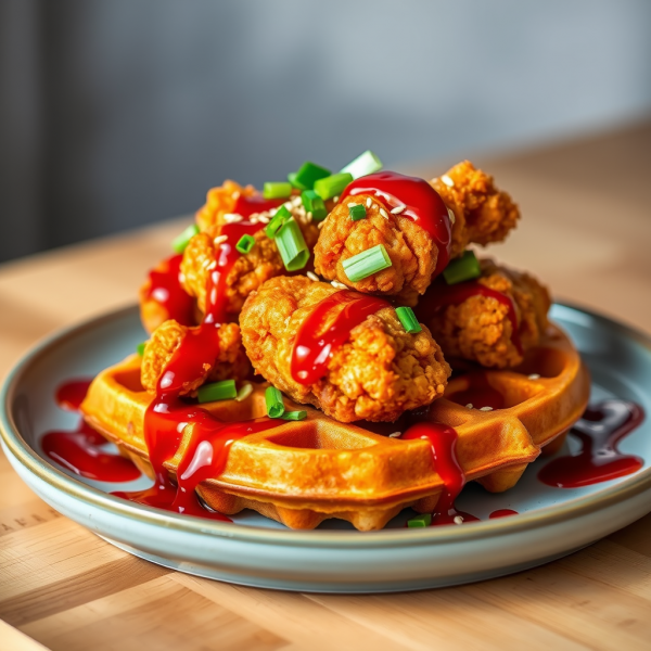 Korean Fried Chicken with Kimchi Waffles and Gochujang Caramel