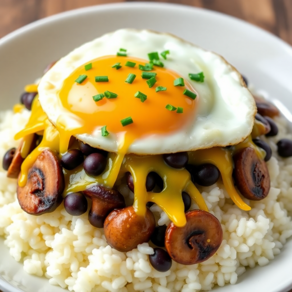 Cheesy Mushroom Bean Rice Bowl