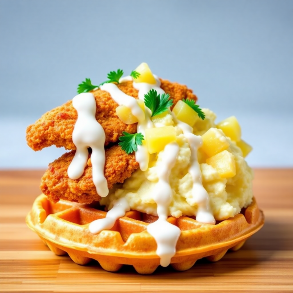 Savory Waffle Stack with Chicken and Pineapple Mash