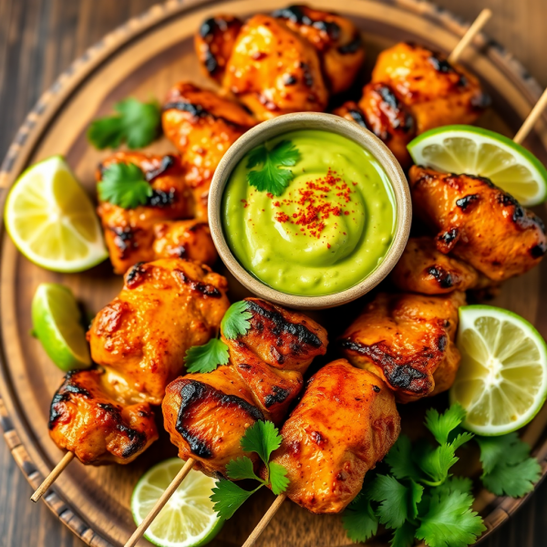 Spicy Chicken Skewers with Avocado Dip