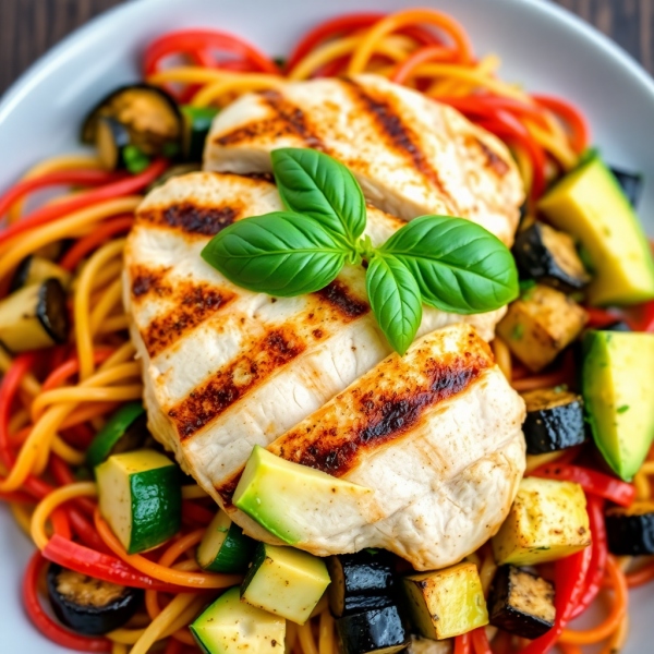 Grilled Chicken with Tricolor Pasta and Sautéed Vegetables