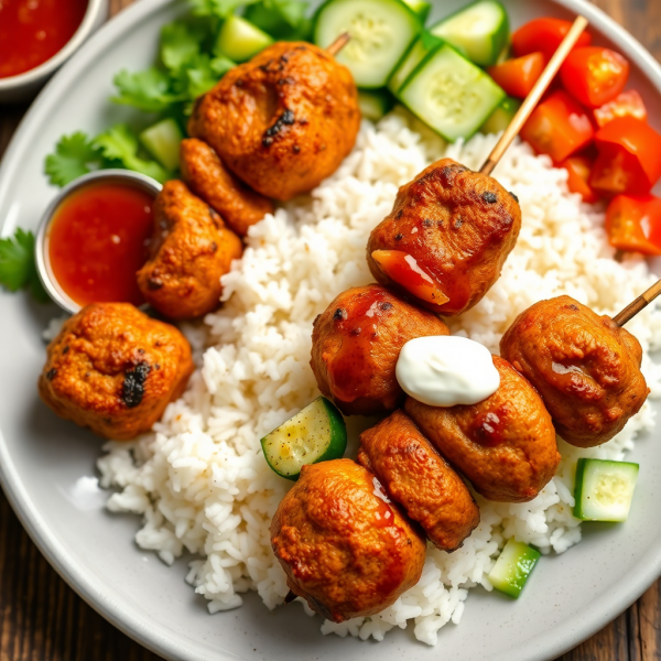 Spicy Chicken Kofta with Garlic Chili Sauce and Rice