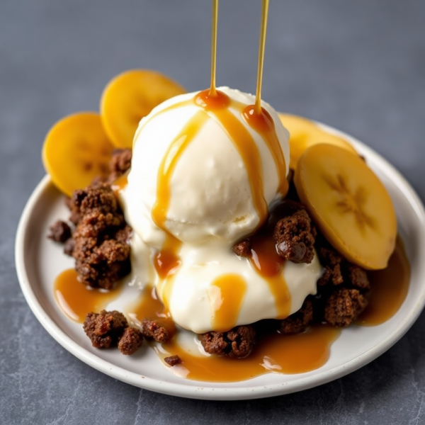 Chocolate Biscuit Crumble with Vanilla Ice Cream and Caramelized Bananas