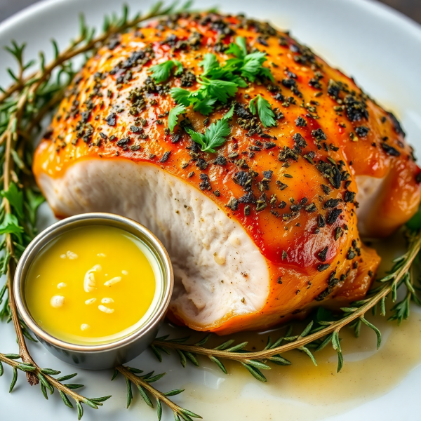 Herb-Crusted Turkey Breast with Lemon Garlic Sauce