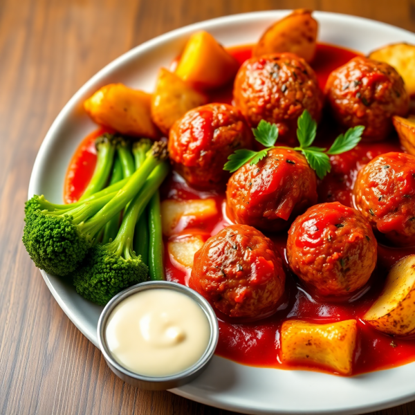 Spanish Style Albondigas with Patatas Bravas and Broccoli