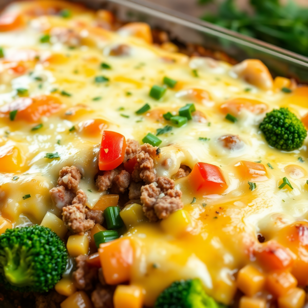 Cheesy Baked Beef and Veggie Casserole