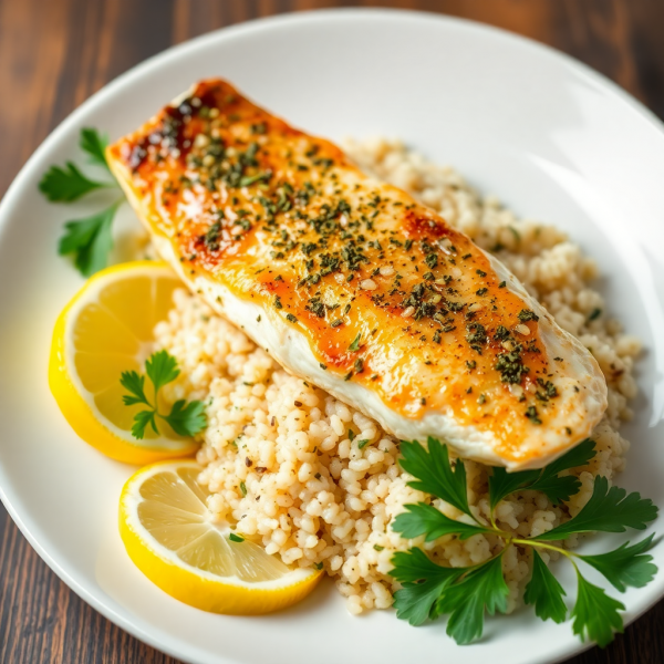 Herb-Crusted Mackerel with Lemon Garlic Quinoa